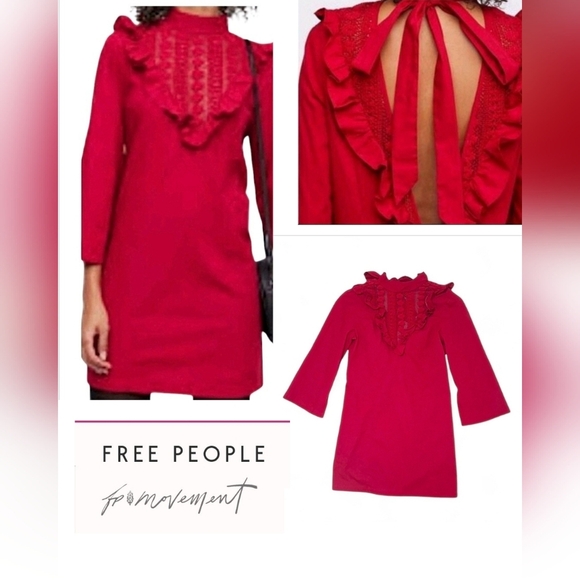 Free People Lorna Red Crochet Mini Dress XS Open Back Ruffle Flare Sleeve - Picture 6 of 6